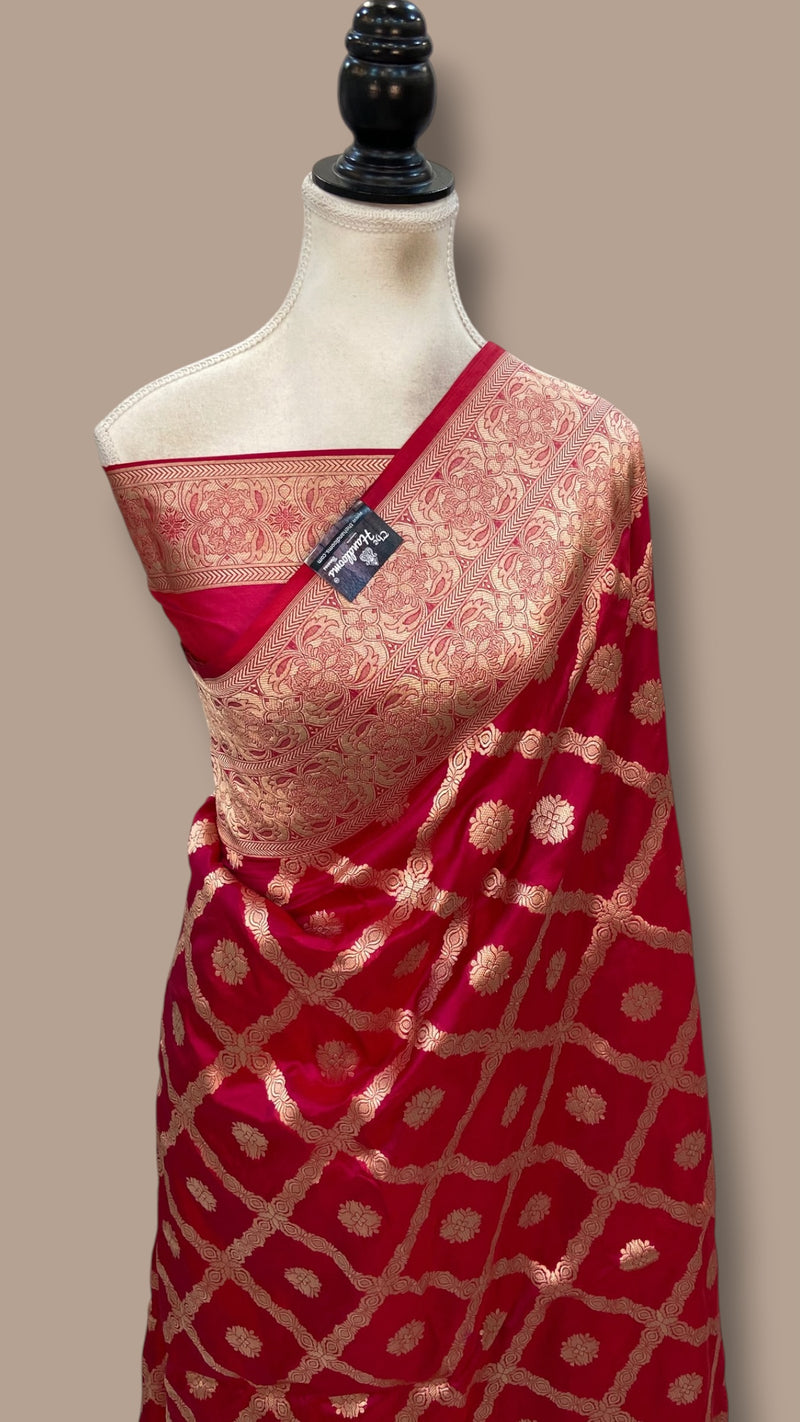 Hot Pink Pure Katan Silk Banarasi Handloom Saree - All Over Gold Zari Jaal Work