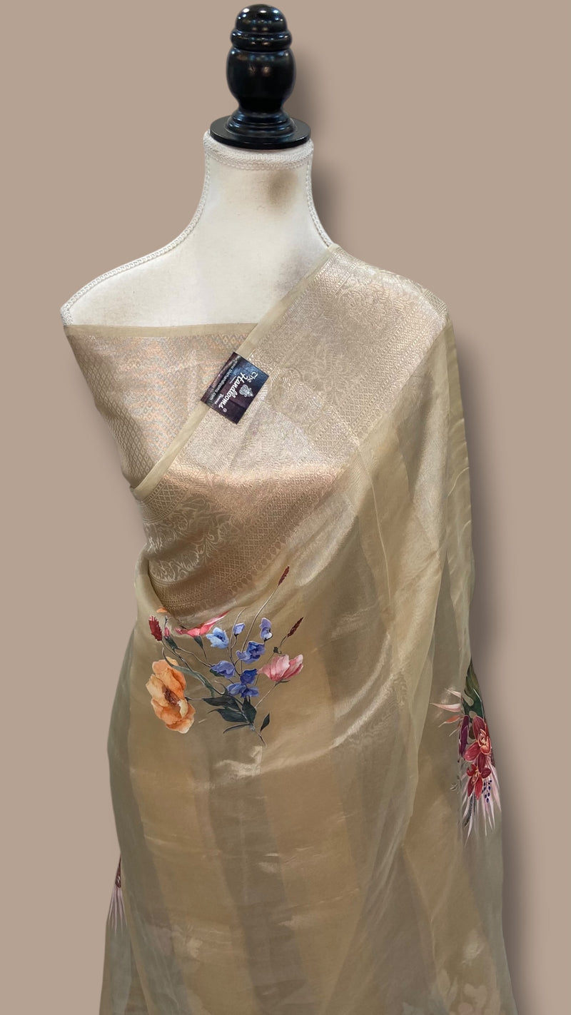 Pure Kora Tissue Silk Handloom Banarasi Saree - Print