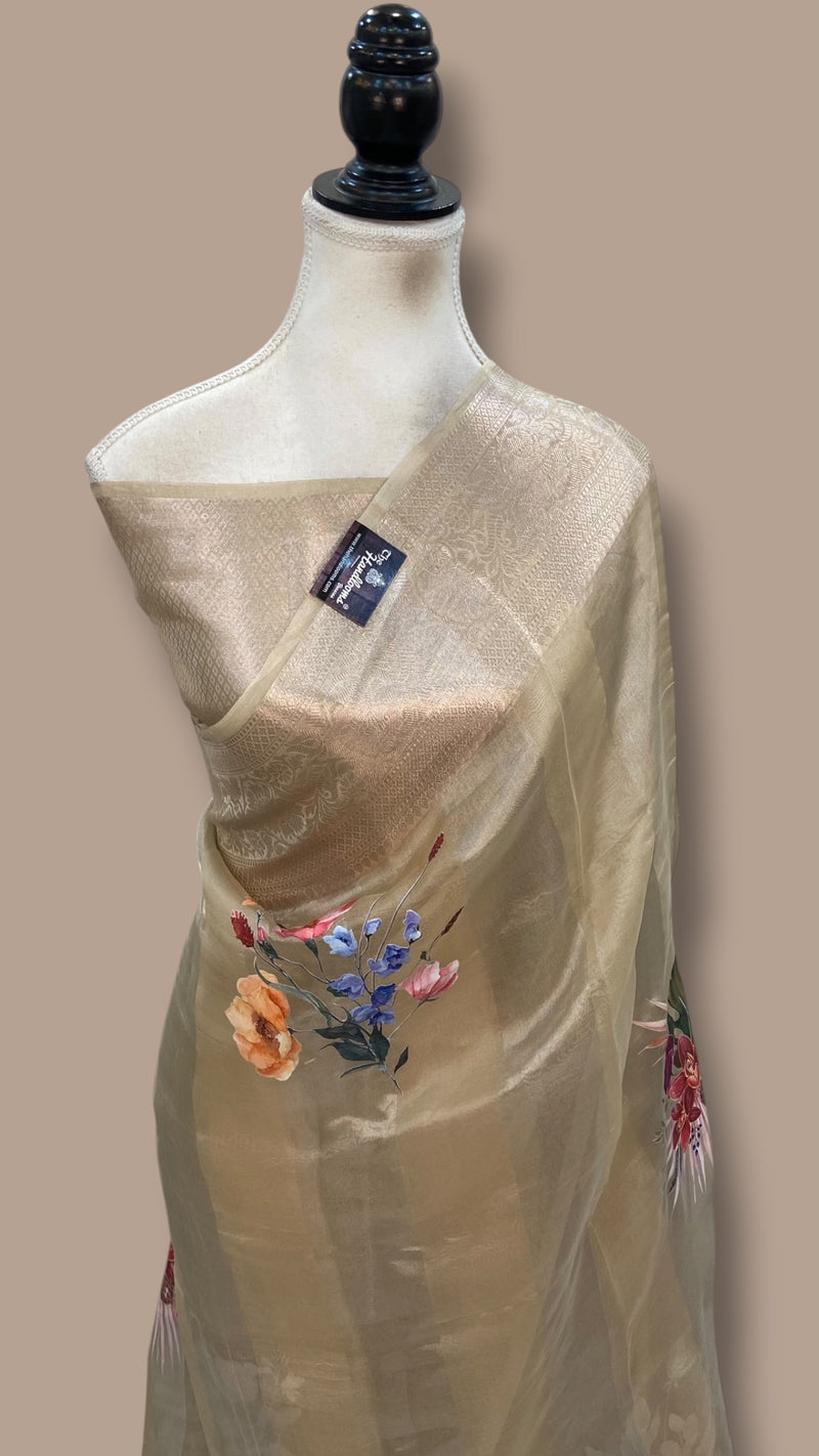 Pure Kora Tissue Silk Handloom Banarasi Saree - Print