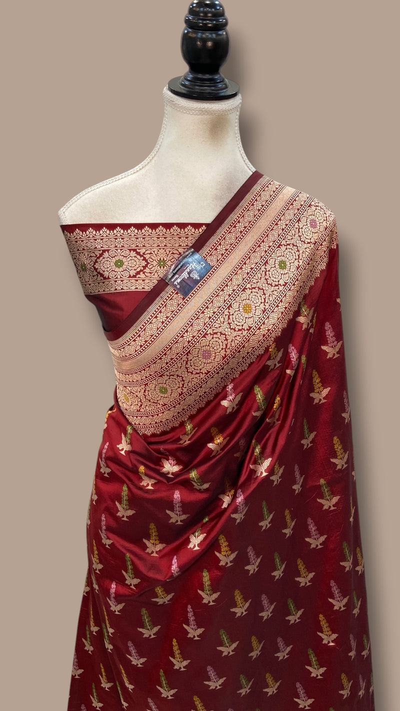 Pure Katan Silk Banarasi Handloom Saree - All Over Jaal Work With Meenakari