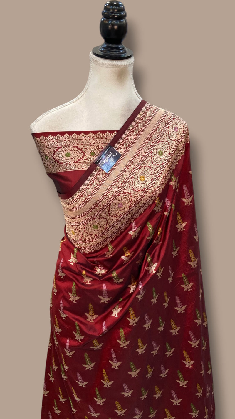 Pure Katan Silk Banarasi Handloom Saree - All Over Jaal Work With Meenakari