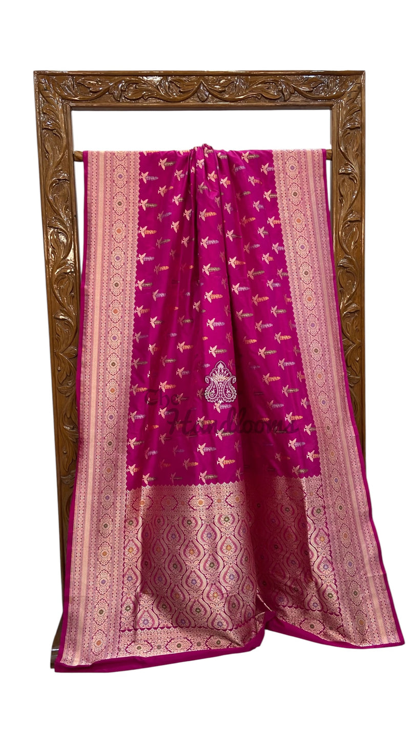 Pure Katan Silk Banarasi Handloom Saree - All Over Jaal Work With Meenakari