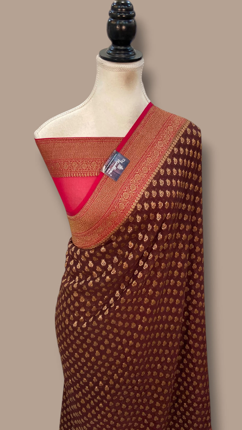 Pure Khaddi Georgette Handloom Banarasi Saree - Antique Zari