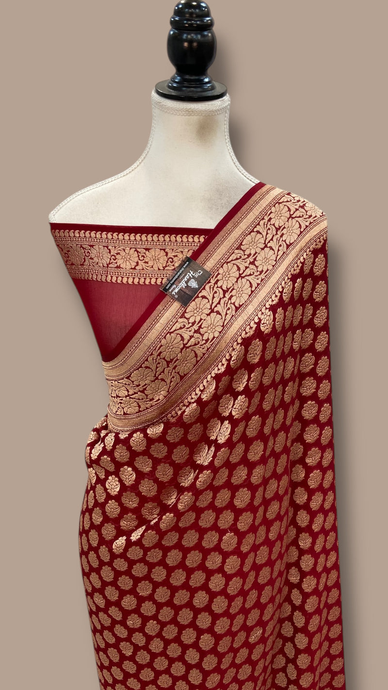 Khaddi Georgette Handloom Banarasi Saree - Gold Zari - The Handlooms