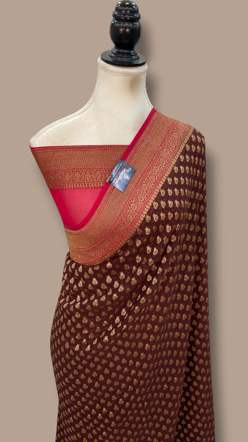 Pure Khaddi Georgette Handloom Banarasi Saree - Antique Zari