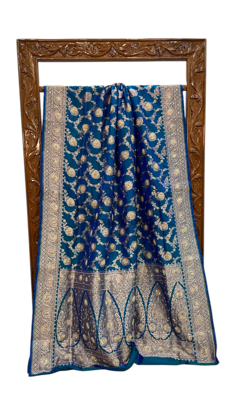 Pure Katan Silk Banarasi Handloom Saree - All Over Jaal Work With Zardosi Handwork - The Handlooms
