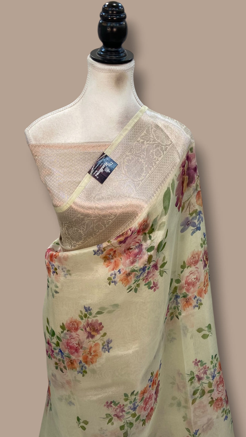 Pure Kora Silk Handloom Banarasi Saree - Print