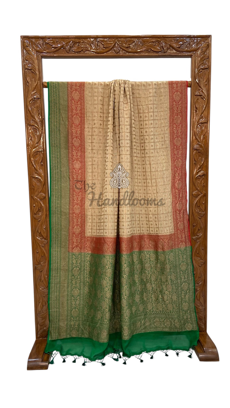 Cream Pure Khaddi Georgette Handloom Banarasi Saree