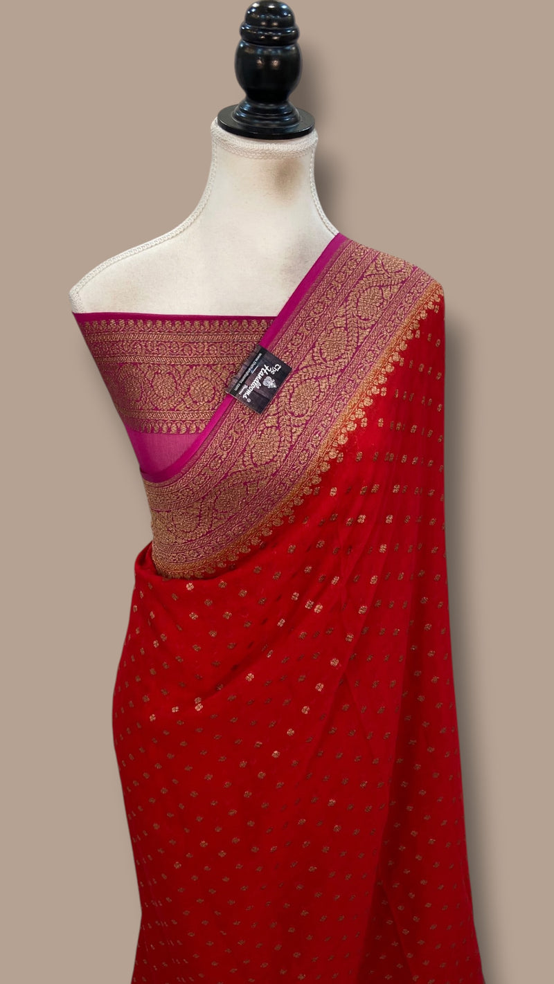 Crimson Red Pure Khaddi Georgette Banarasi Saree