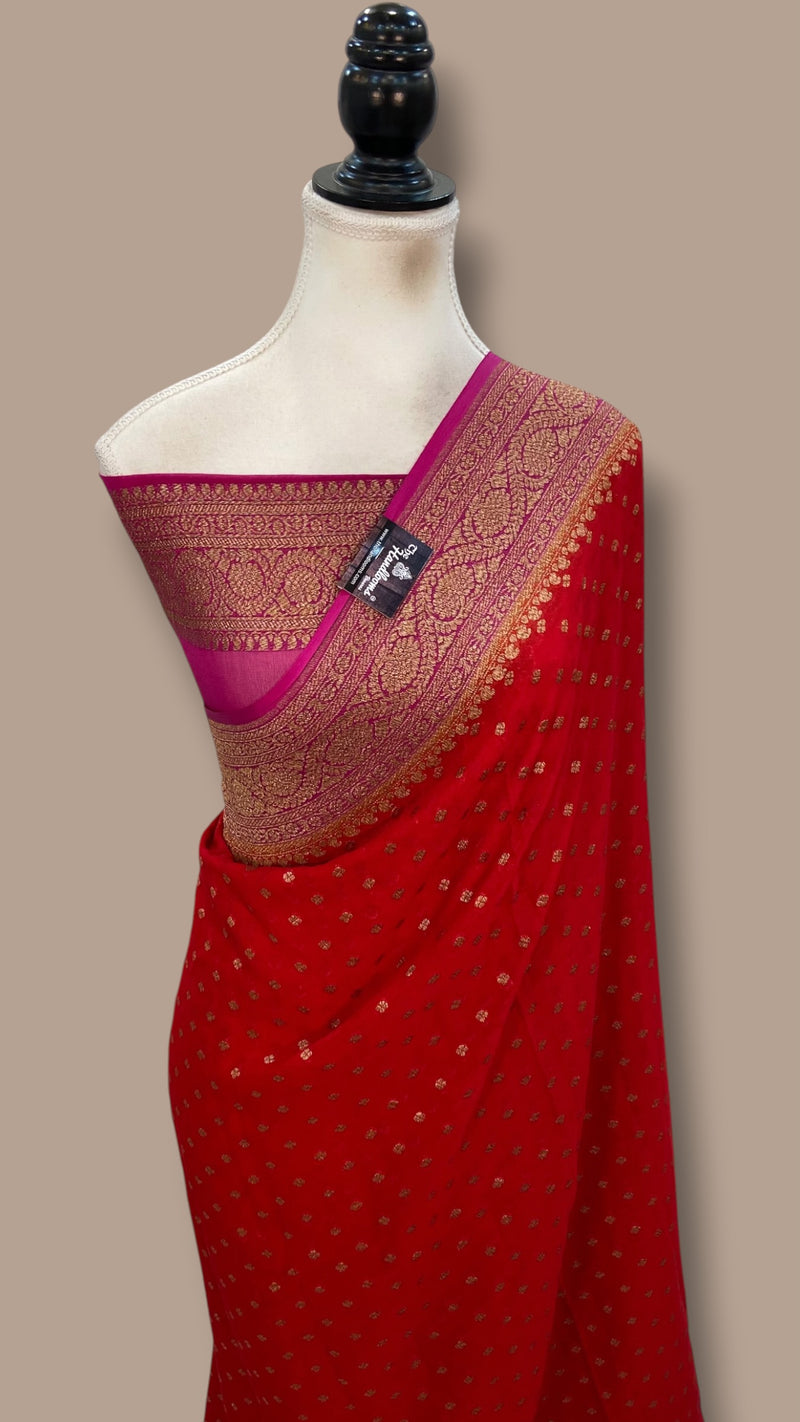 Crimson Red Pure Khaddi Georgette Banarasi Saree