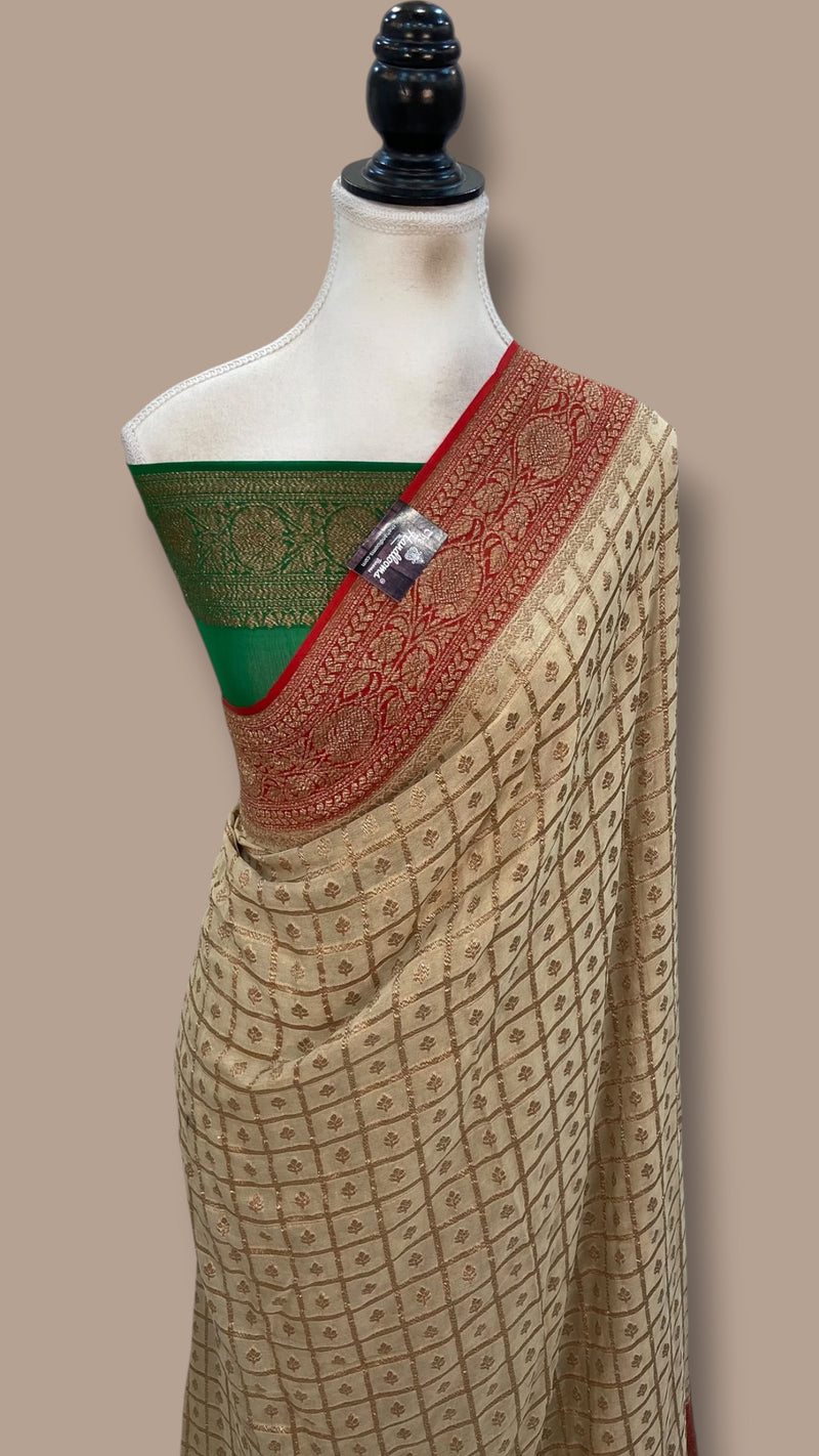 Cream Pure Khaddi Georgette Handloom Banarasi Saree