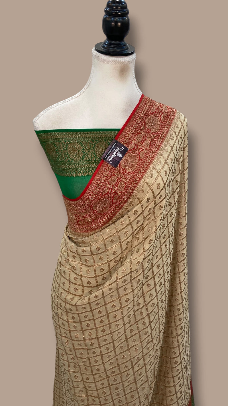 Cream Pure Khaddi Georgette Handloom Banarasi Saree