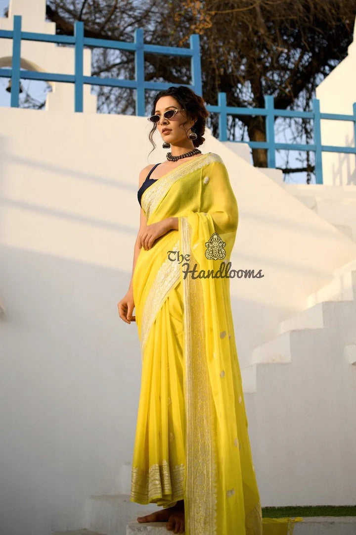 Yellow Pure Georgette Handloom Banarasi Saree - Silver Zari