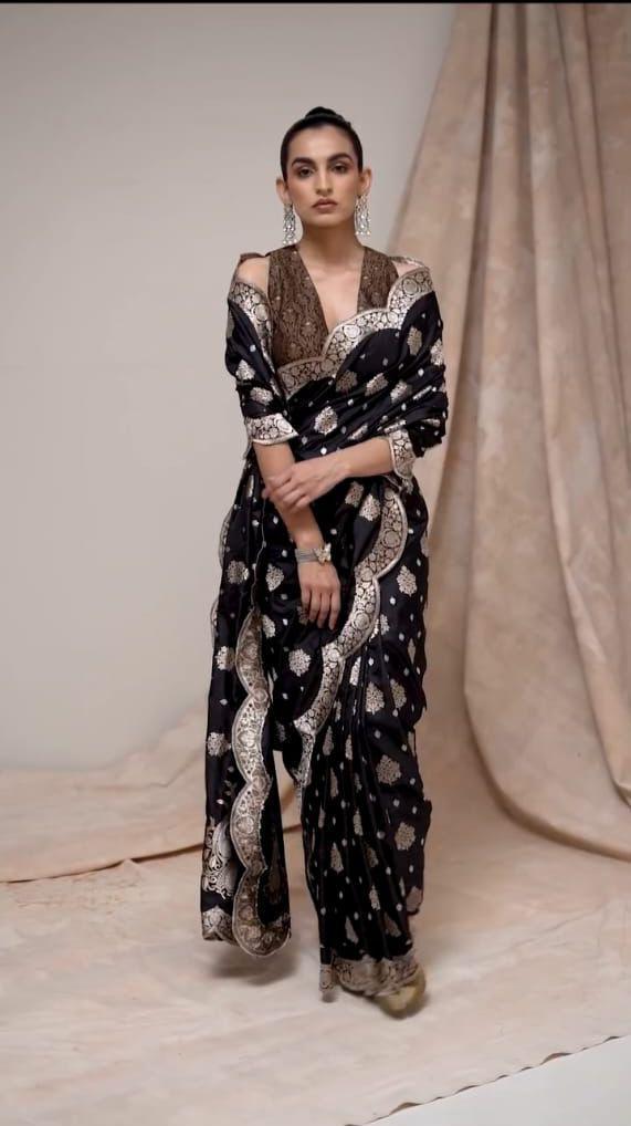 Black Pure Katan Silk Banarasi Handloom Saree - All Over Sona Roopa Jaal Work