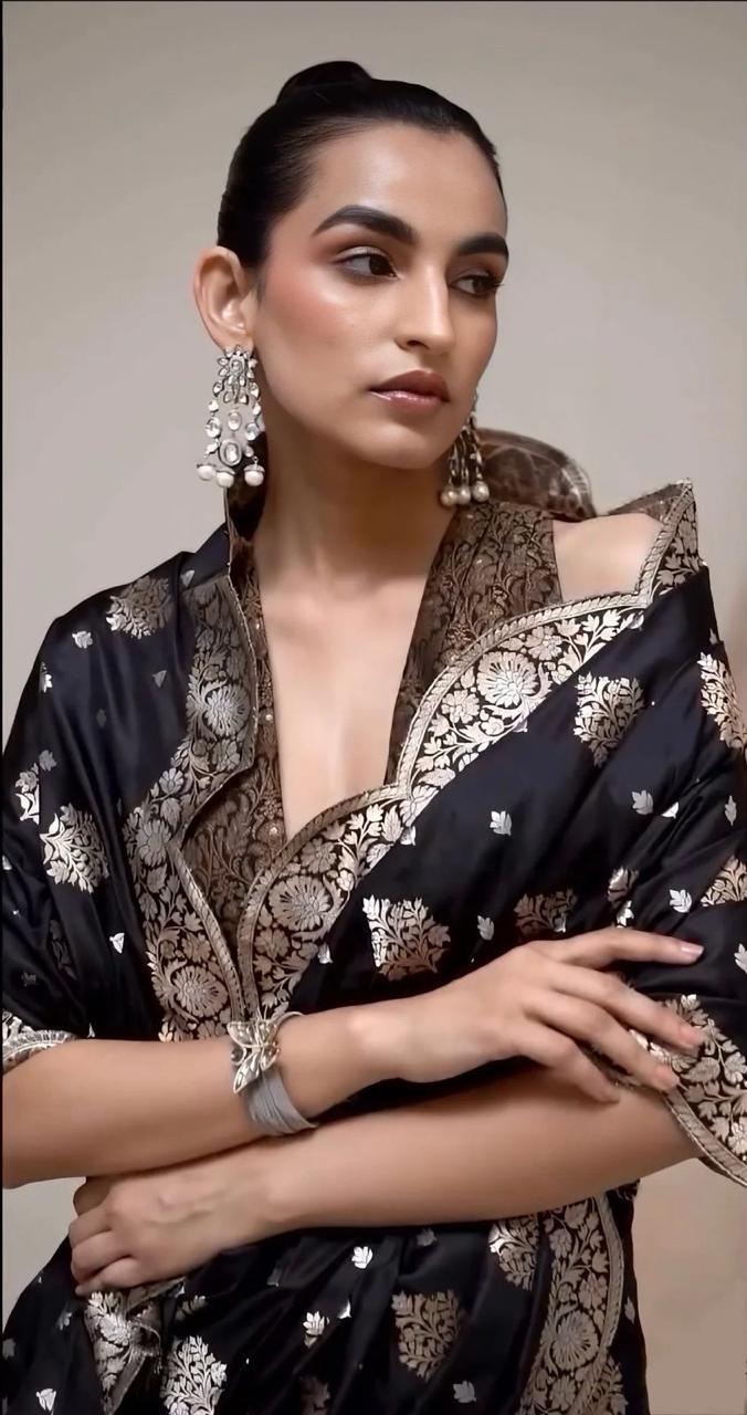 Black Pure Katan Silk Banarasi Handloom Saree - All Over Sona Roopa Jaal Work