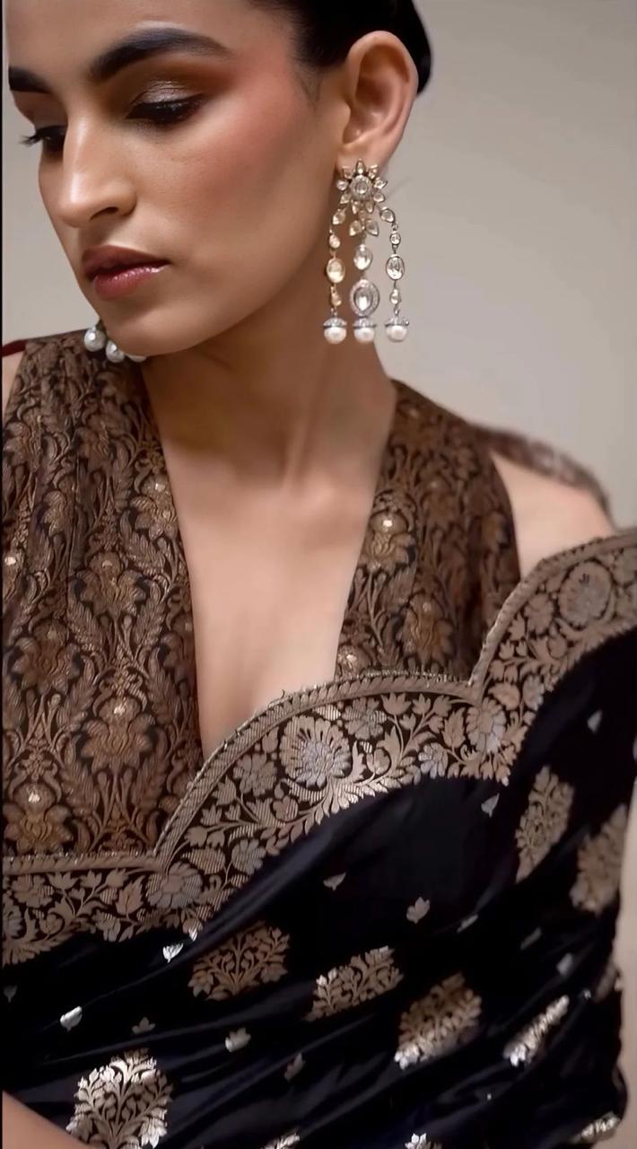 Black Pure Katan Silk Banarasi Handloom Saree - All Over Sona Roopa Jaal Work