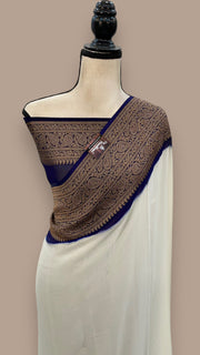 Off-white Pure Khaddi Georgette Handloom Banarasi Saree - The Handlooms