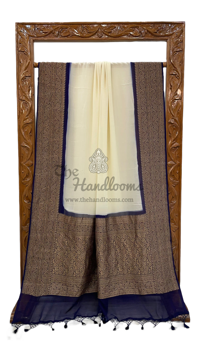 Off-white Pure Khaddi Georgette Handloom Banarasi Saree - The Handlooms