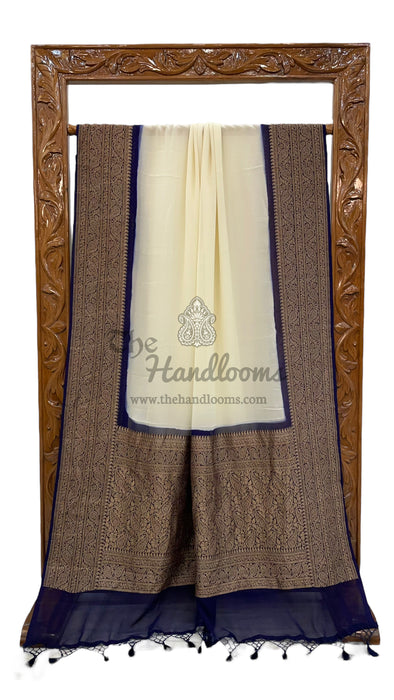 Off-white Pure Khaddi Georgette Handloom Banarasi Saree