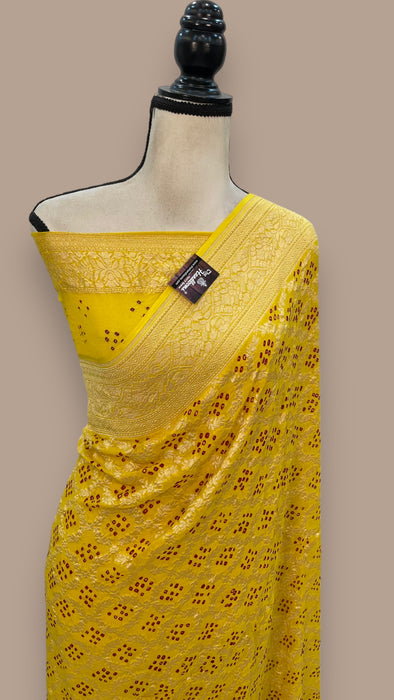 Yellow Pure Georgette Banarasi Bandhej Handloom Saree