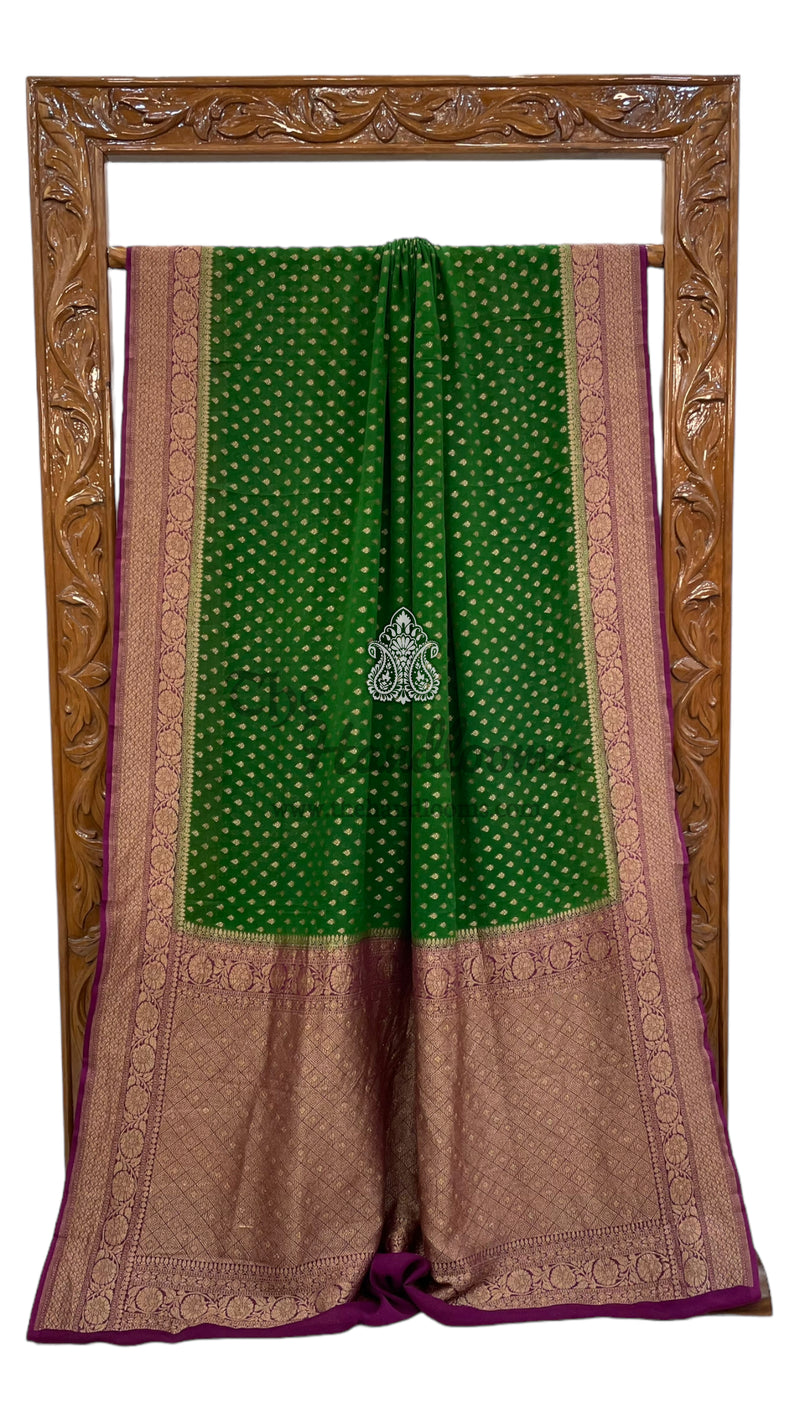 Green Pure Khaddi Georgette Banarasi Saree - Antique zari - The Handlooms