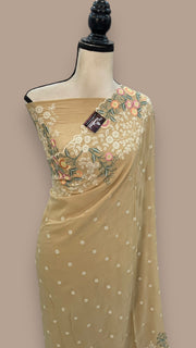 Cream Pure Georgette Chikankari Handloom Banarasi Saree - The Handlooms