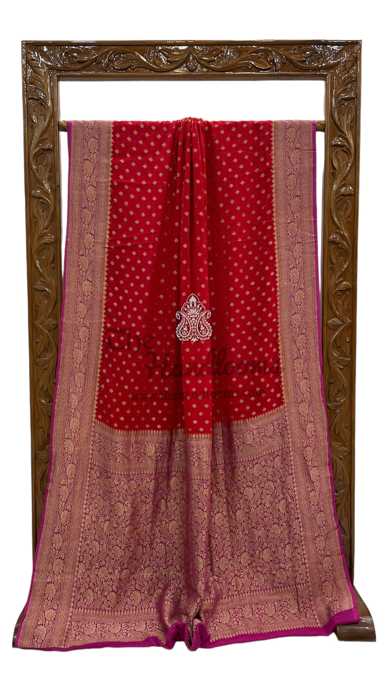 Hot Pink Pure Khaddi Georgette Banarasi Saree - The Handlooms