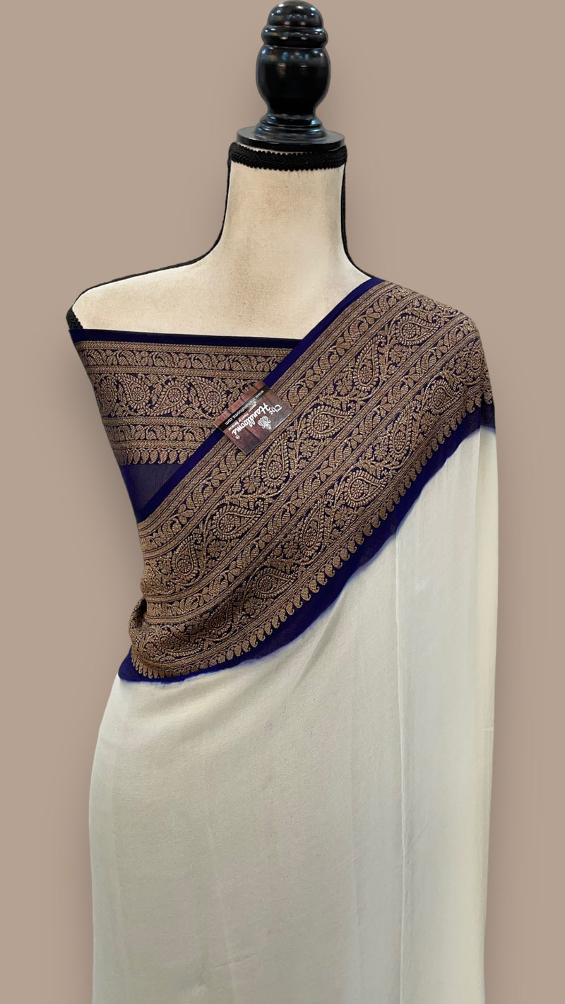 Off-white Pure Khaddi Georgette Handloom Banarasi Saree - The Handlooms