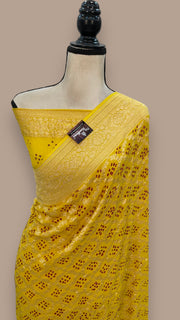 Yellow Pure Georgette Banarasi Bandhej Handloom Saree - The Handlooms