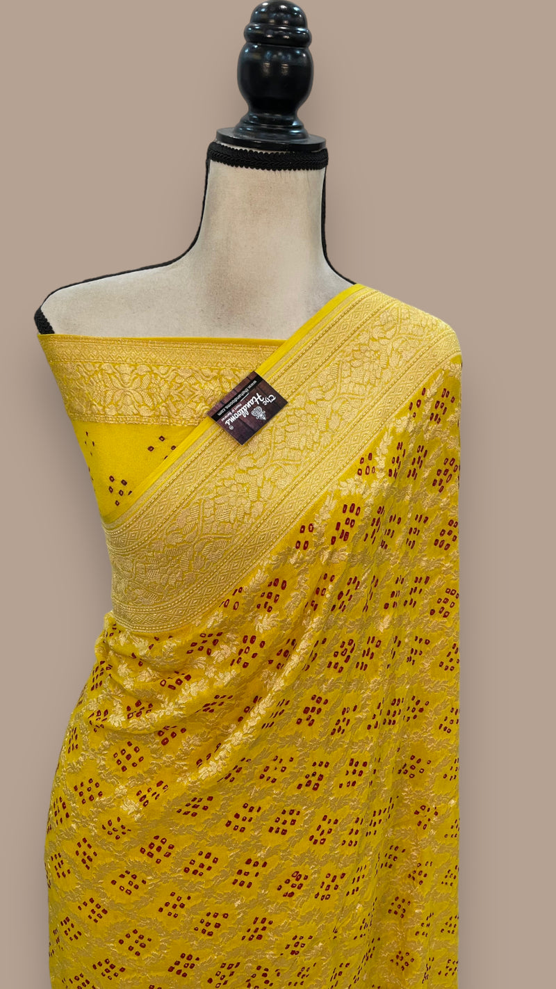 Yellow Pure Georgette Banarasi Bandhej Handloom Saree - The Handlooms