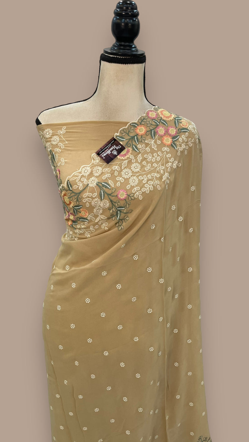 Cream Pure Georgette Chikankari Handloom Banarasi Saree - The Handlooms