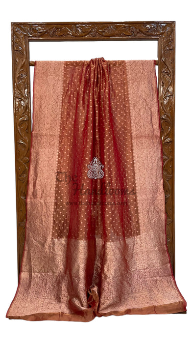 Coral Red Pure Kora Tissue Handloom Banarasi Saree