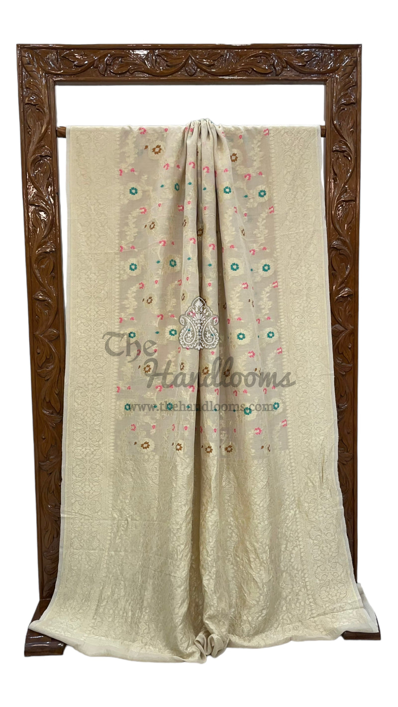Moonga Georgette Handloom Banarasi Saree - with meenakari - The Handlooms