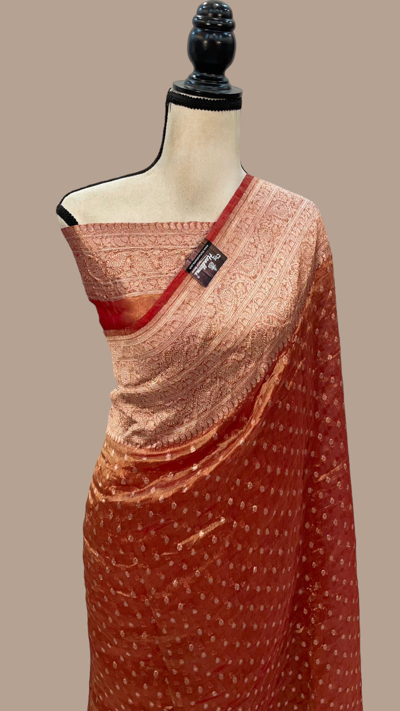 Coral Red Pure Kora Tissue Handloom Banarasi Saree - The Handlooms