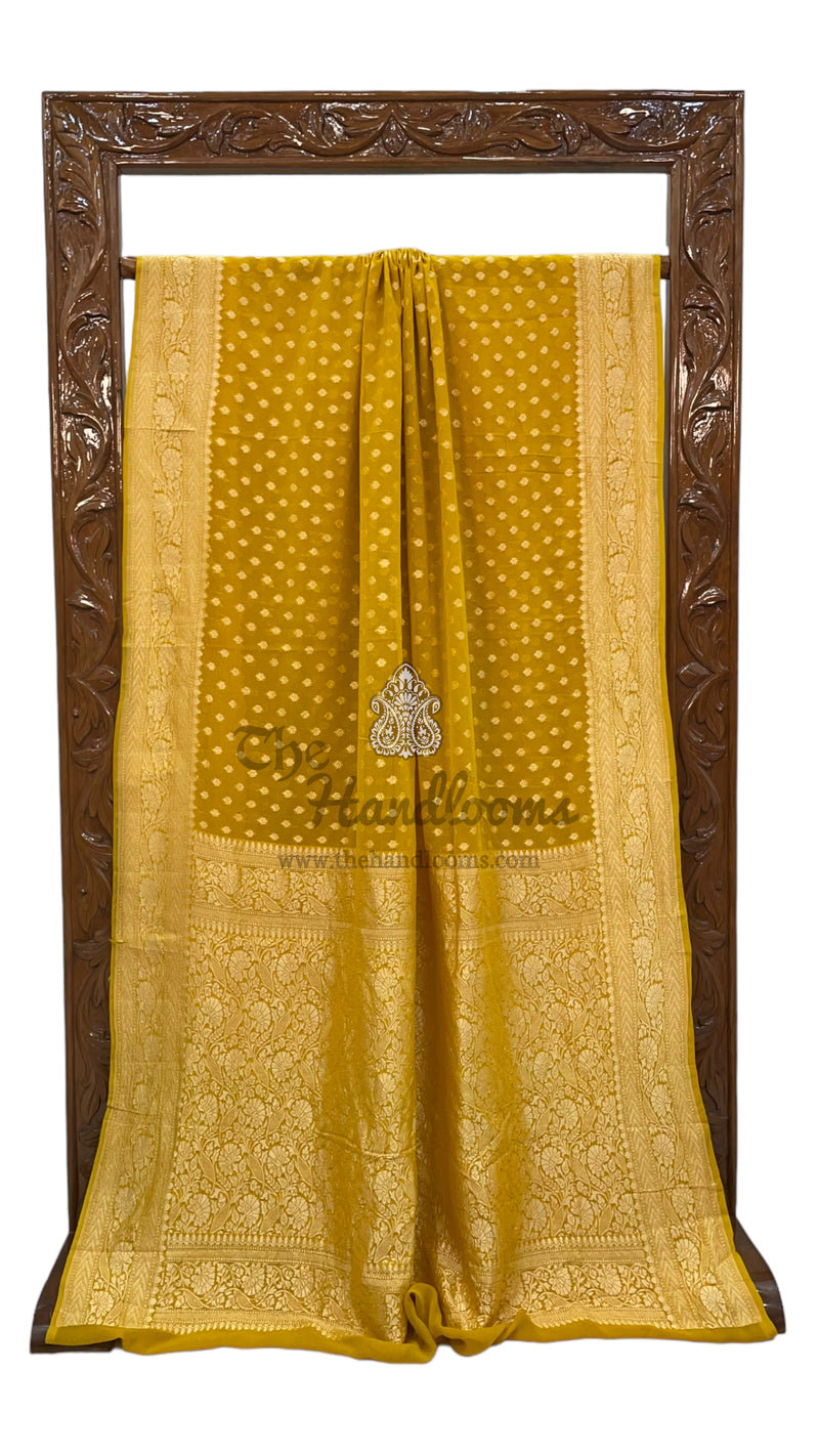 Mustard Yellow Pure Khaddi Georgette Handloom Banarasi Saree - The Handlooms