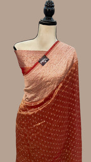 Coral Red Pure Kora Tissue Handloom Banarasi Saree - The Handlooms