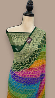 Pure Georgette Banarasi Bandhej Handloom Saree Multi shade - The Handlooms