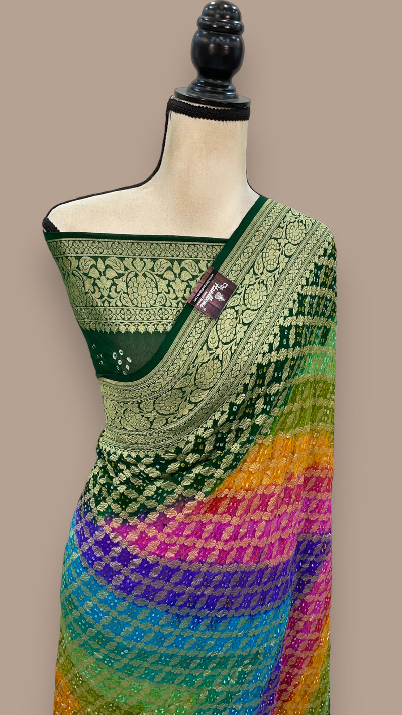 Pure Georgette Banarasi Bandhej Handloom Saree Multi shade - The Handlooms