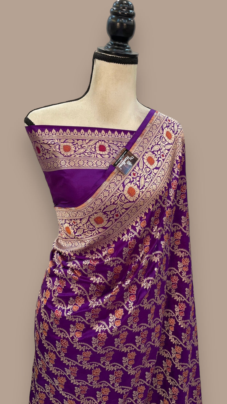 Dark Purple Pure Katan Silk Banarasi Handloom Saree - All over Jaal work With Meenakari - The Handlooms