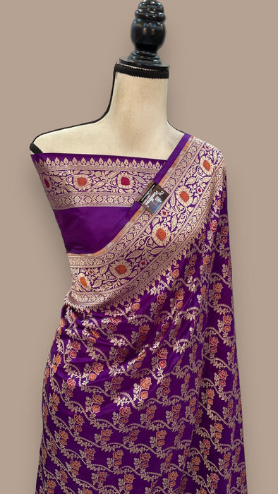 Dark Purple Pure Katan Silk Banarasi Handloom Saree - All over Sona Roopa Jaal work