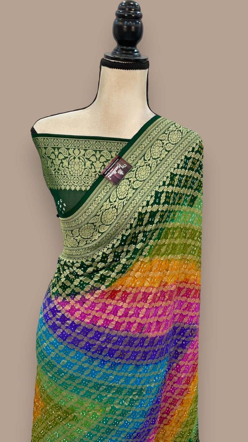 Pure Georgette Banarasi Bandhej Handloom Saree Multi shade - The Handlooms