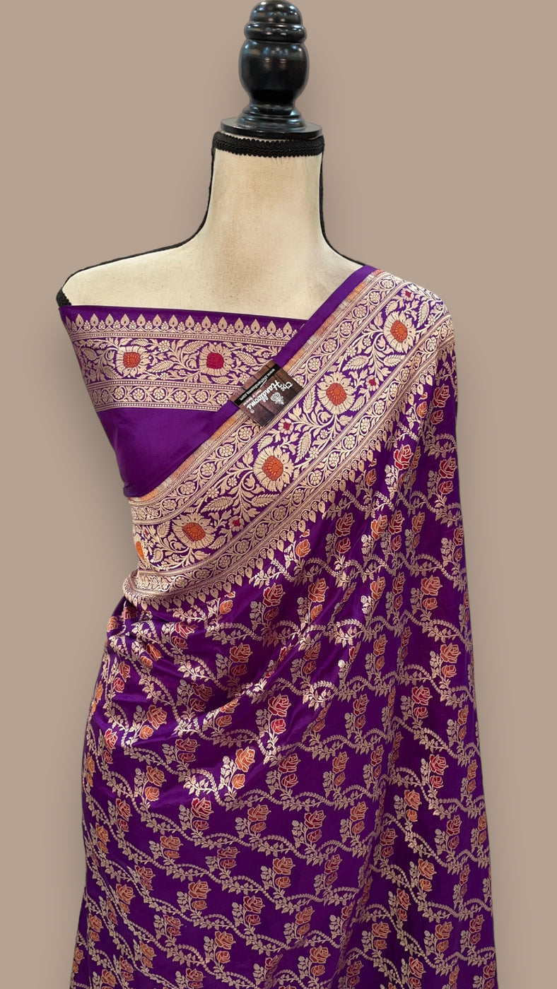 Dark Purple Pure Katan Silk Banarasi Handloom Saree - All over Jaal work With Meenakari - The Handlooms