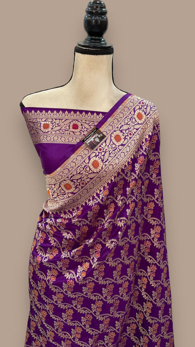 Dark Purple Pure Katan Silk Banarasi Handloom Saree - All over Jaal work With Meenakari