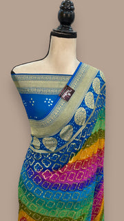 Pure Georgette Banarasi Bandhej Handloom Saree Multi shade - The Handlooms