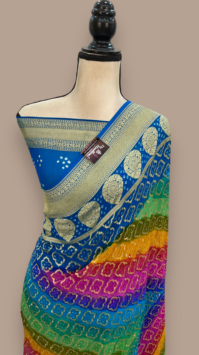 Pure Georgette Banarasi Bandhej Handloom Saree Multi shade - The Handlooms