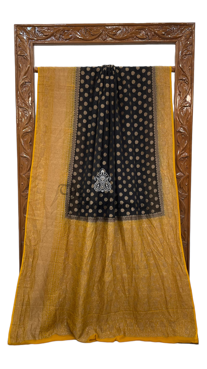 Black Pure Khaddi Georgette Handloom Banarasi Saree - The Handlooms