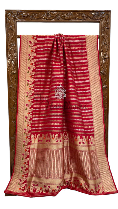 Red Pure Katan Silk Banarasi Handloom Saree - All over soona roopa  Kadua stripe