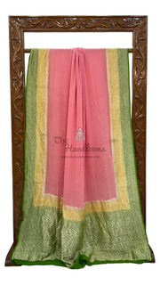 Strawberry Pink Pure Khaddi Georgette Handloom Banarasi Saree - The Handlooms