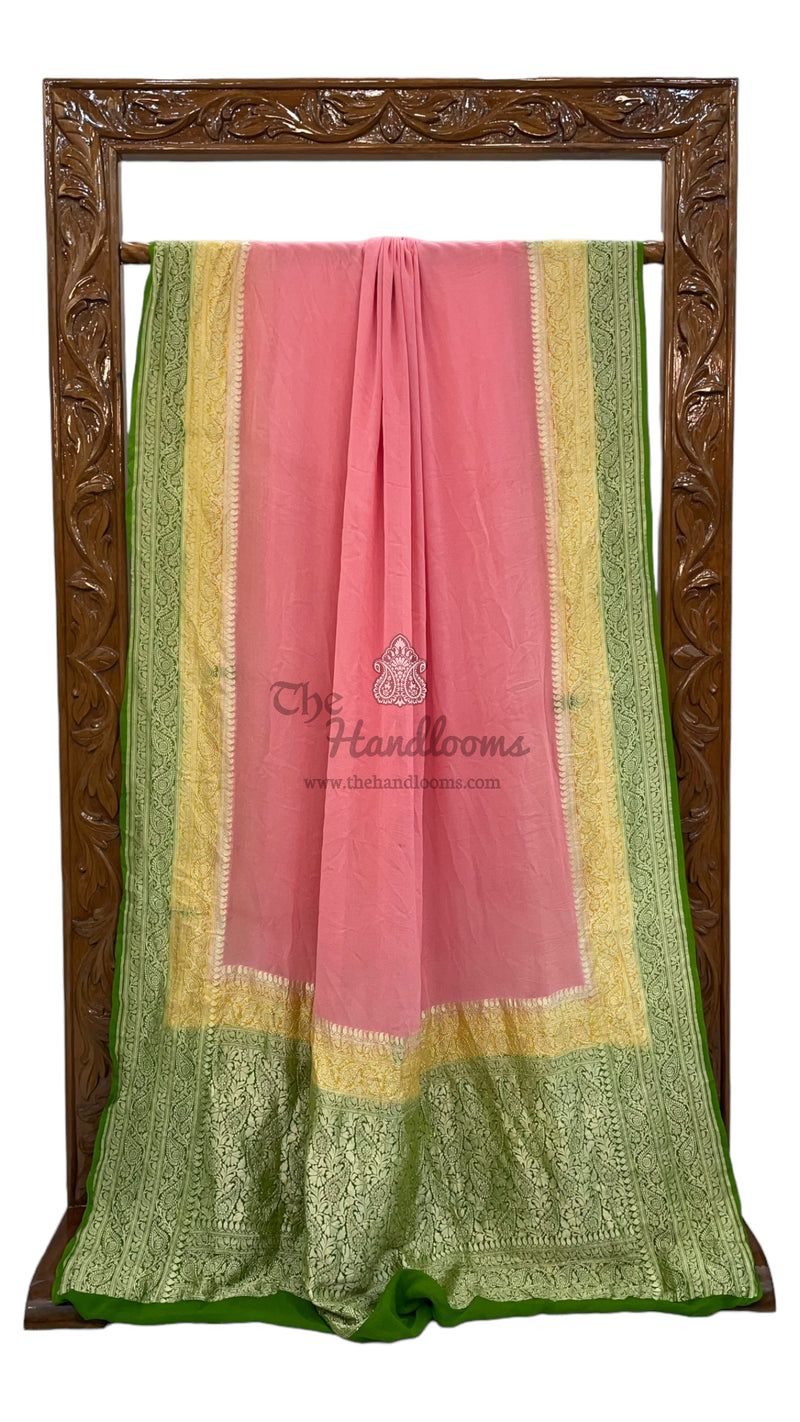 Strawberry Pink Pure Khaddi Georgette Handloom Banarasi Saree - The Handlooms