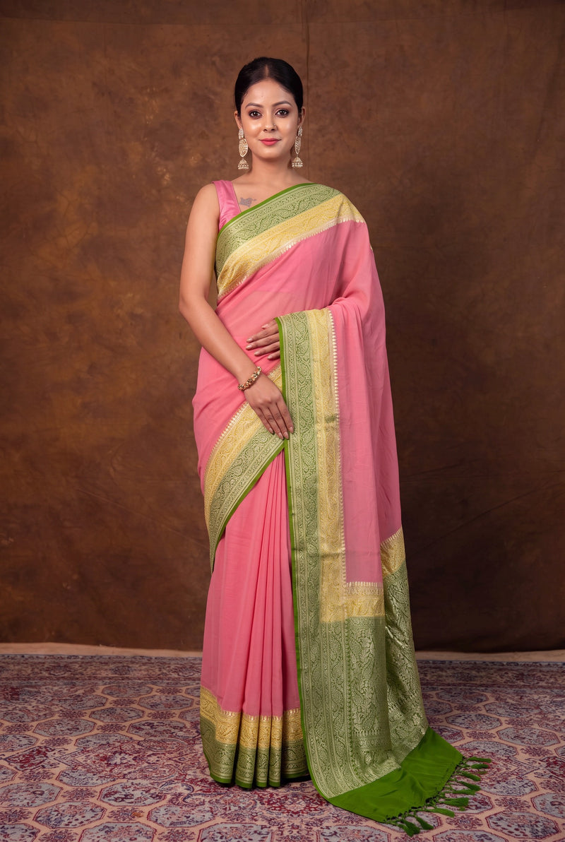 Strawberry Pink Pure Khaddi Georgette Handloom Banarasi Saree